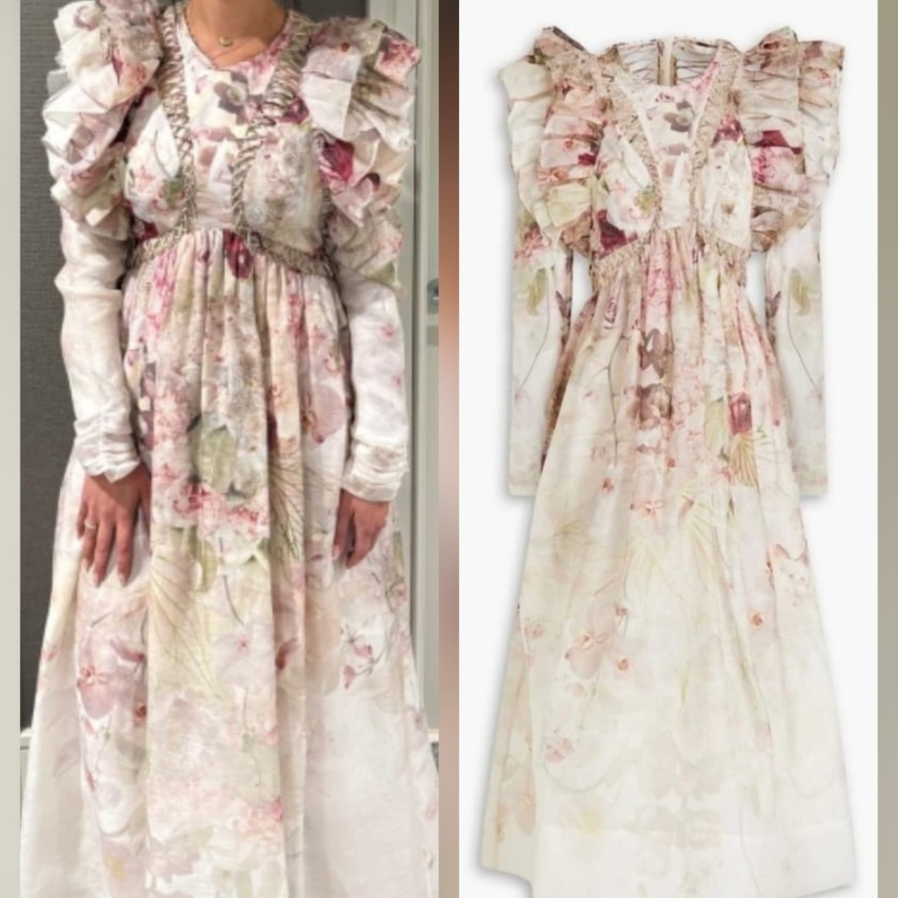 Zimmermann Pink Floral Ruffle Midi Dress
